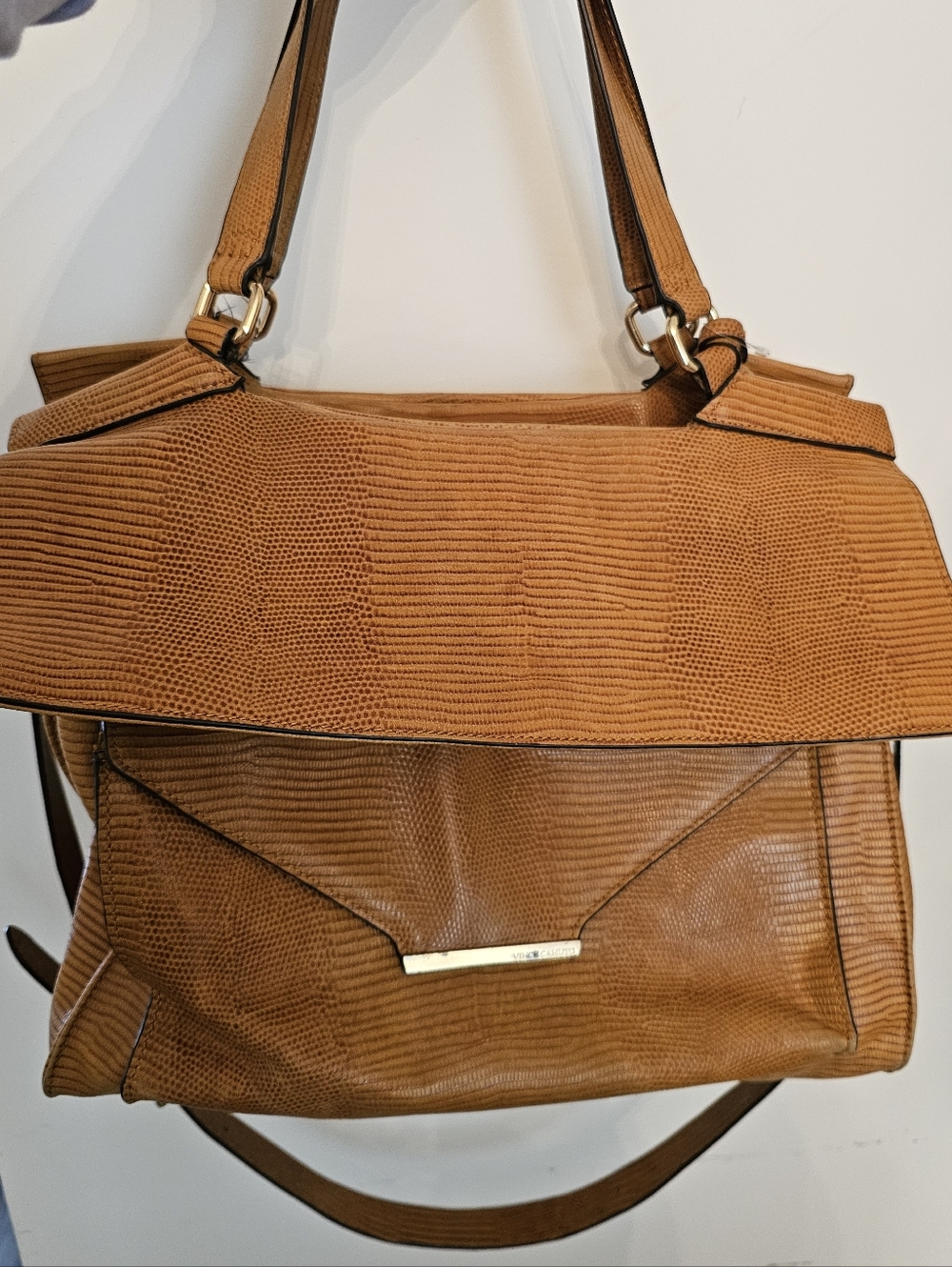 Vince Camuto Tan Lizard Embossed Textured Flap Shoulder Bag